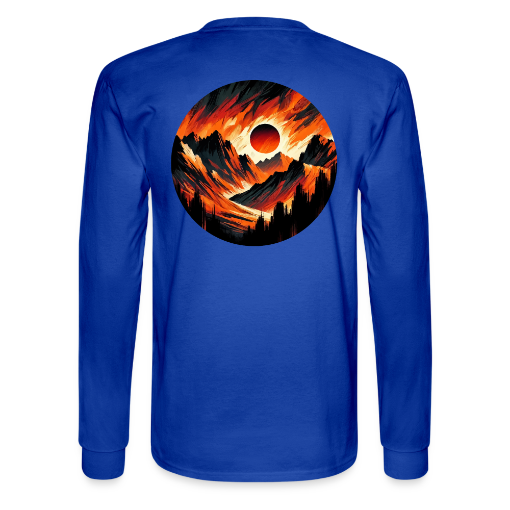 Men's Orange and Black Mountain Range Graphic Long Sleeve Shirt with Logo - royal blue