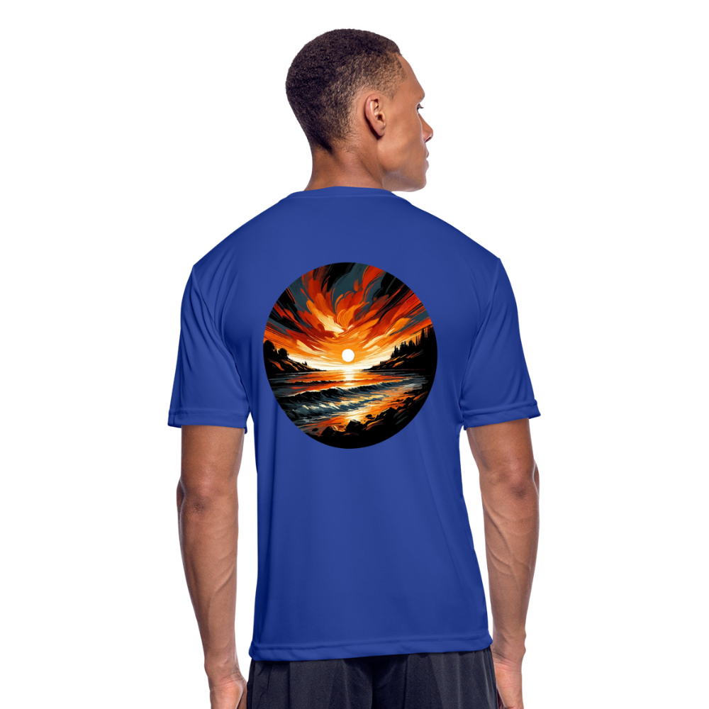 Men’s Beach Sunset Graphic Moisture Wicking Performance T-Shirt with Logo - royal blue