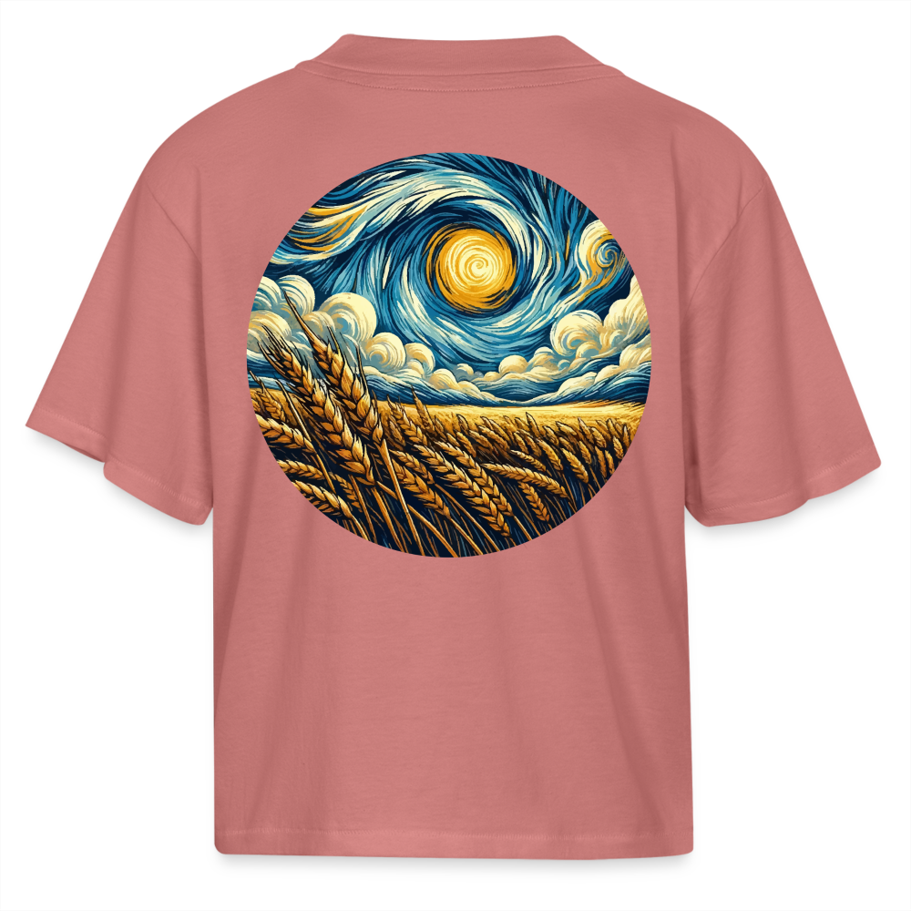 Women's Wheat Field Graphic Boxy Tee with Logo - mauve