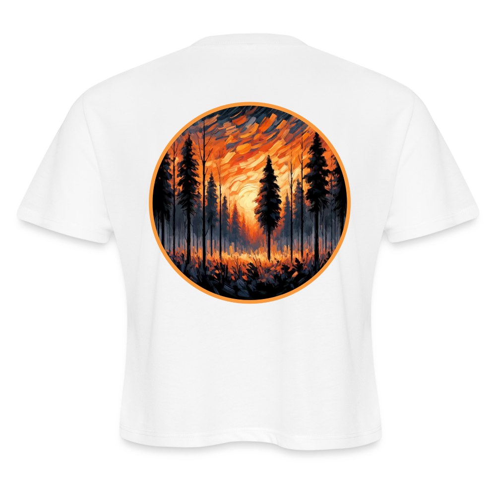 Women's Orange Forest Sunset Graphic Cropped T-Shirt with Logo - white