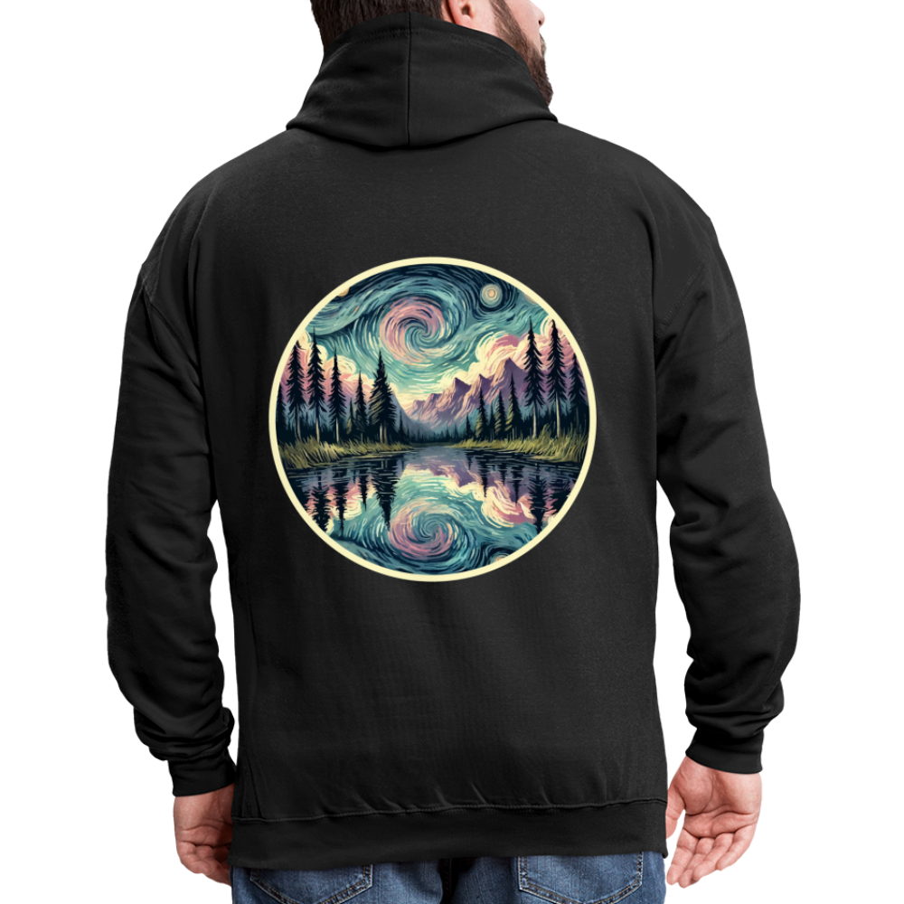 Purple Swirling Sky Reflected on Lake Graphic Unisex Contrast Hoodie with Logo - black/asphalt