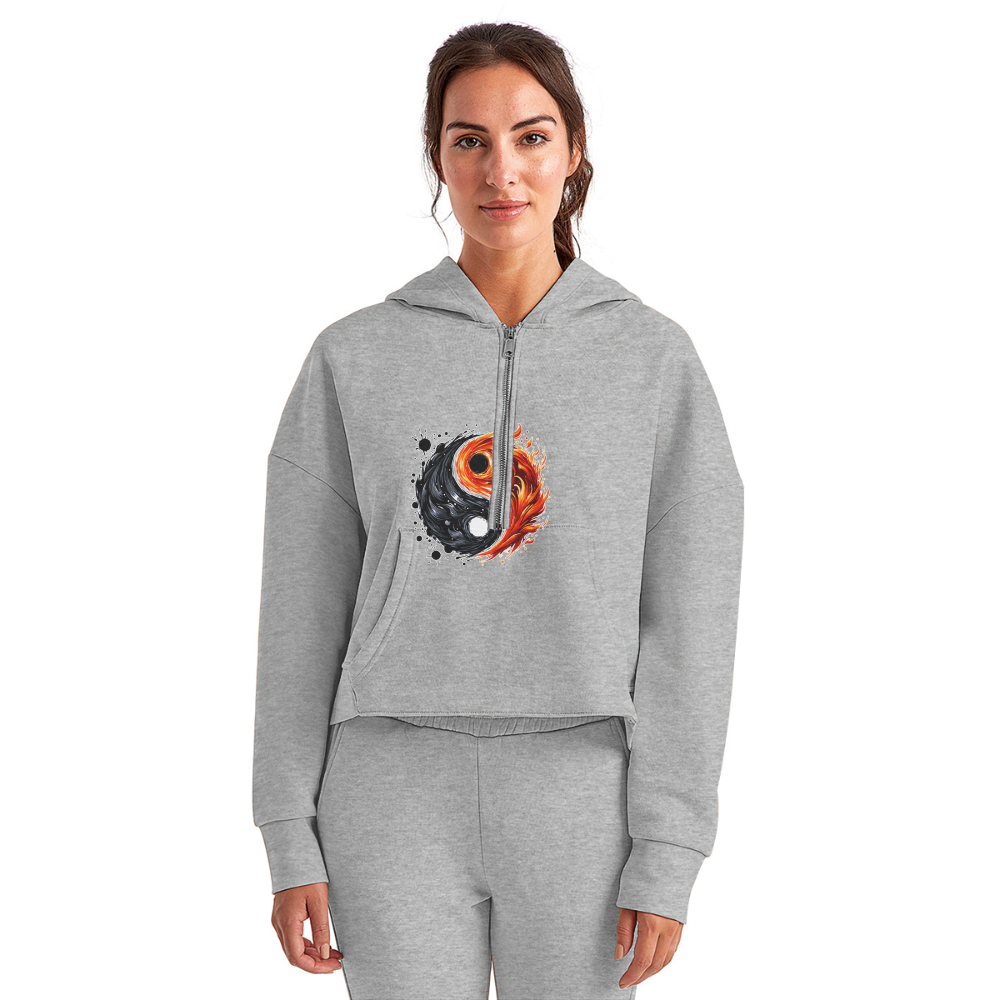 Women's Official Ink and Ember  Yin and Yang Half Zip Cropped Hoodie with Logo - heather gray