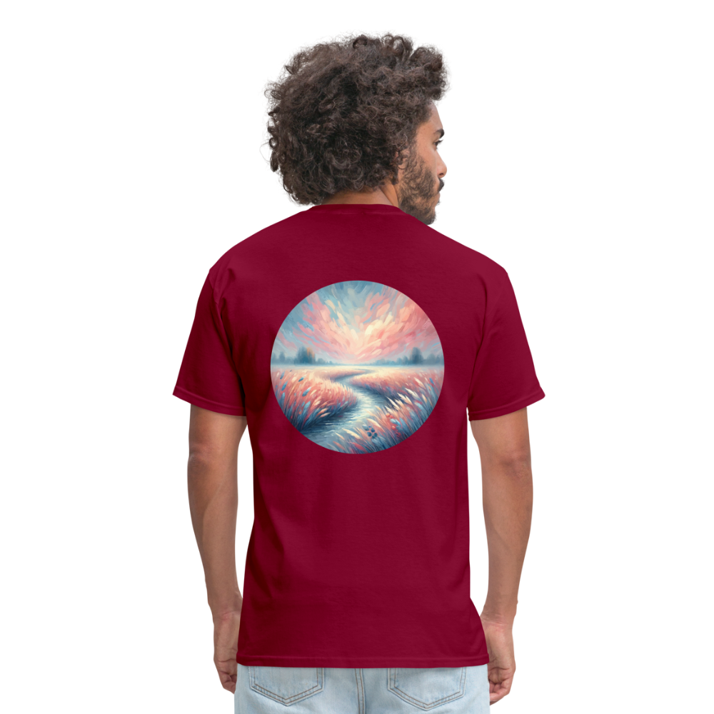 River Meadow Graphic Unisex Classic T-Shirt with Logo - burgundy