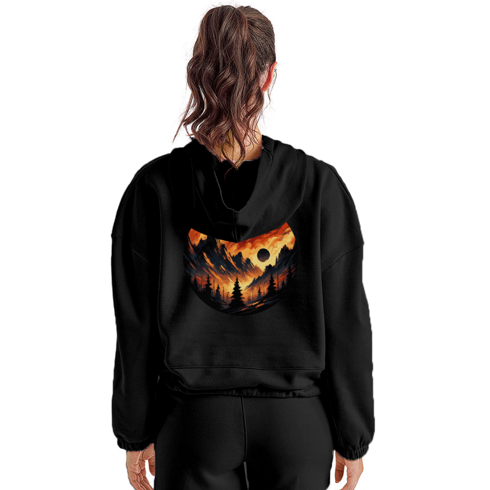 Women’s Brushed Orange and Black Mountain Range Graphic Cropped Hoodie with Logo - black