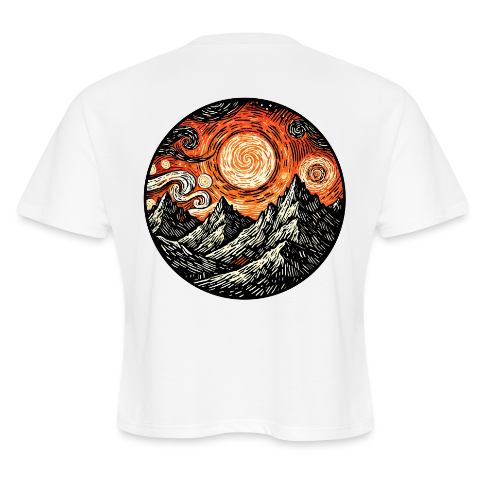 Women's Orange Swirling Mountains Graphic Cropped T-Shirt with Logo - white