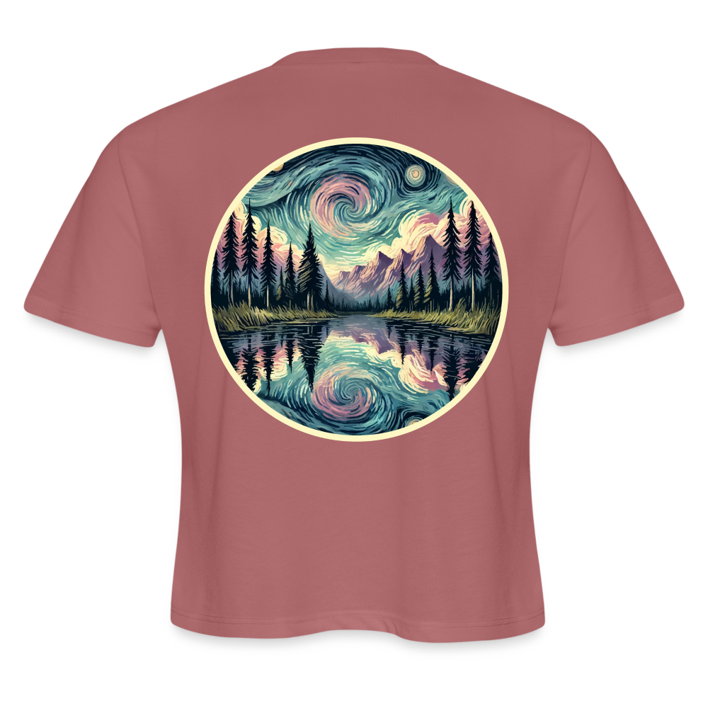 Women's Purple Swirling Sky Reflected on Lake Graphic Cropped T-Shirt with Logo - mauve