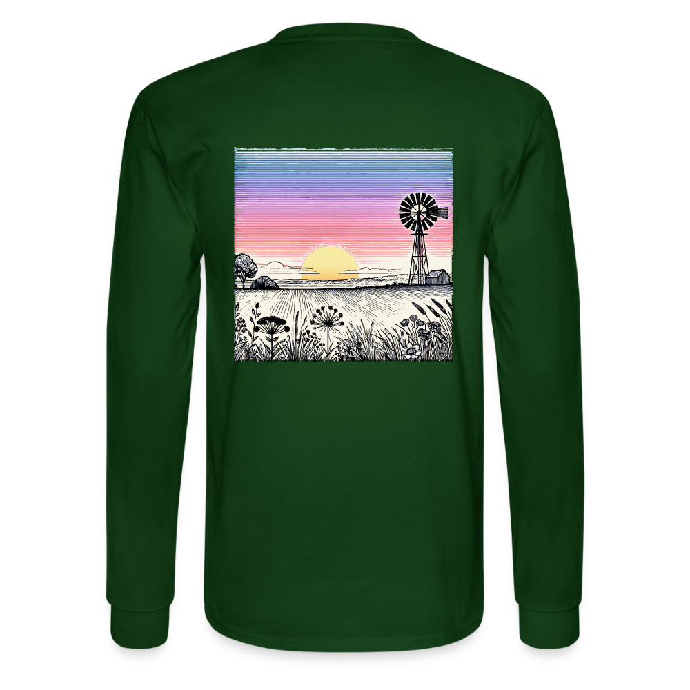 Men's Colored Prairie Landscape Graphic Long Sleeve Shirt with Logo - forest green