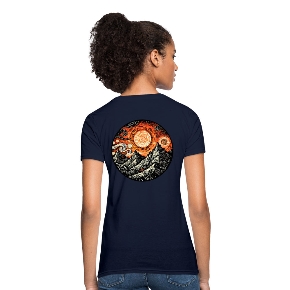 Women's Orange Swirling Mountains Graphic T-Shirt with Logo - navy