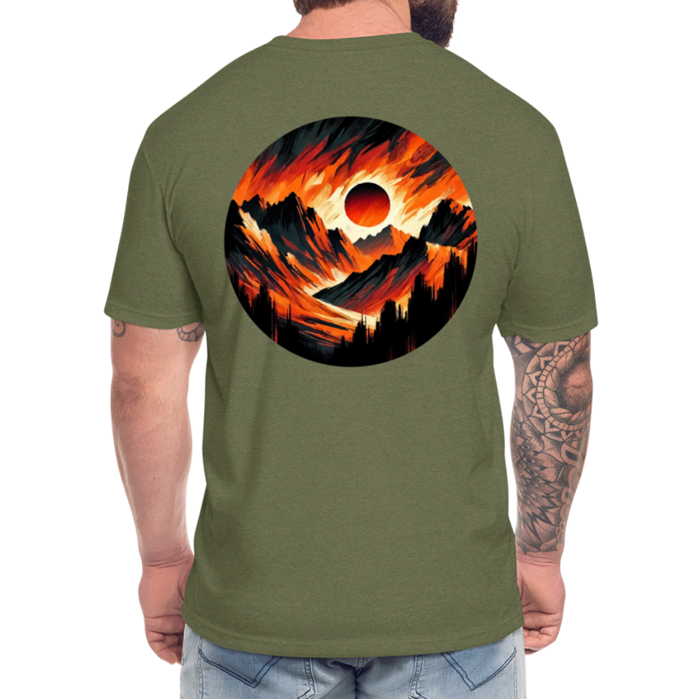 Orange and Black Mountain Range Graphic Unisex Fitted Cotton/Poly T-Shirt with Logo - heather military green