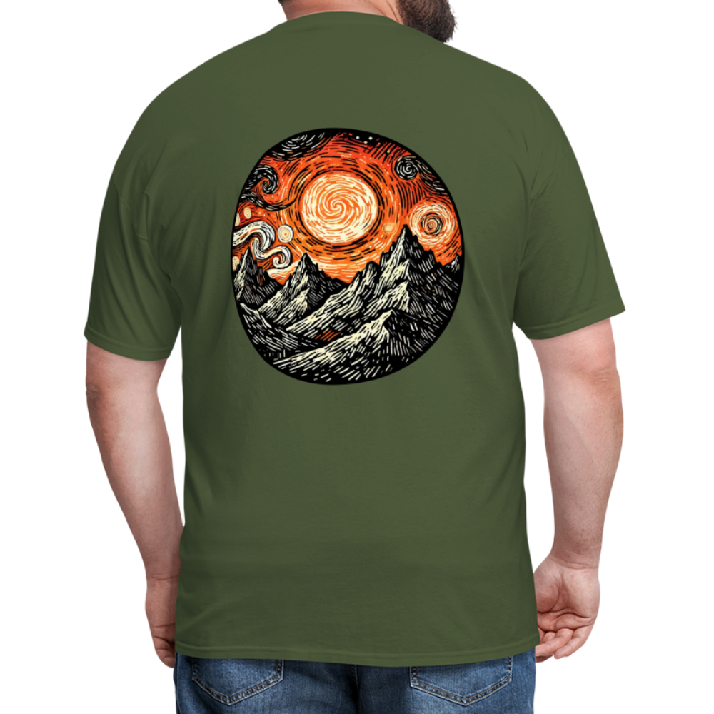 Orange Swirling Mountains Graphic Unisex Classic T-Shirt with Logo - military green