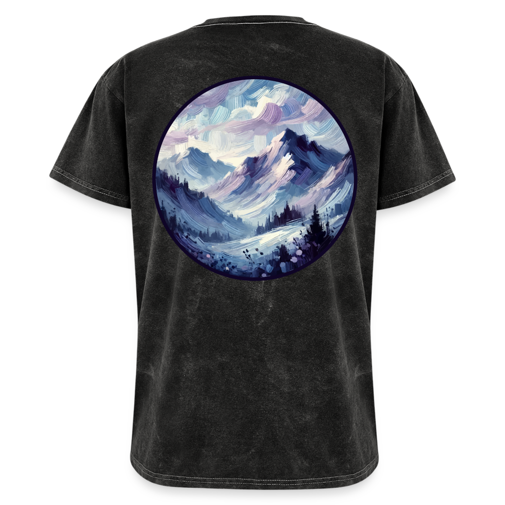 Lavender Blue Mountain Range Graphic Unisex Mineral Wash T-shirt with Logo - mineral black