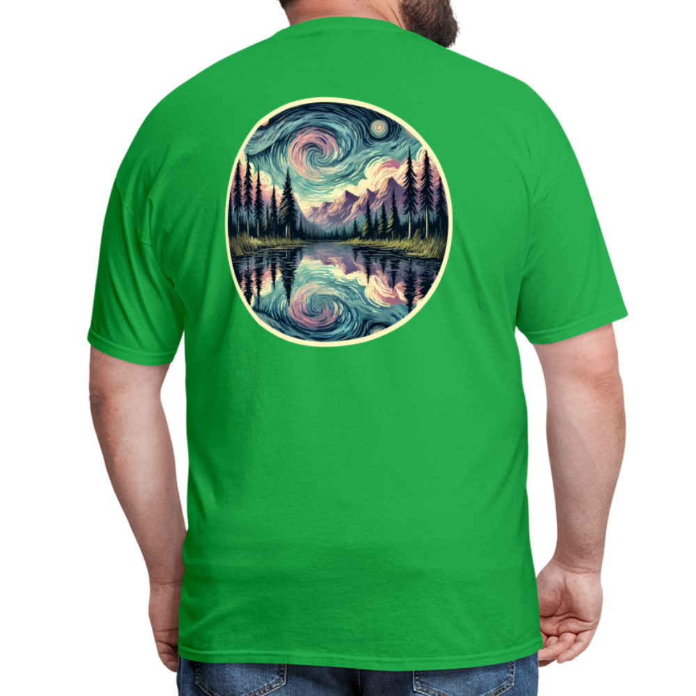 Purple Swirling Sky Reflected on Lake Graphic Unisex Classic T-Shirt with Logo - bright green