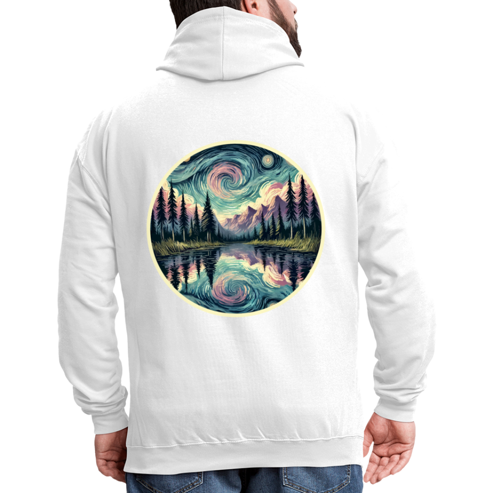 Purple Swirling Sky Reflected on Lake Graphic Unisex Contrast Hoodie with Logo - white/gray