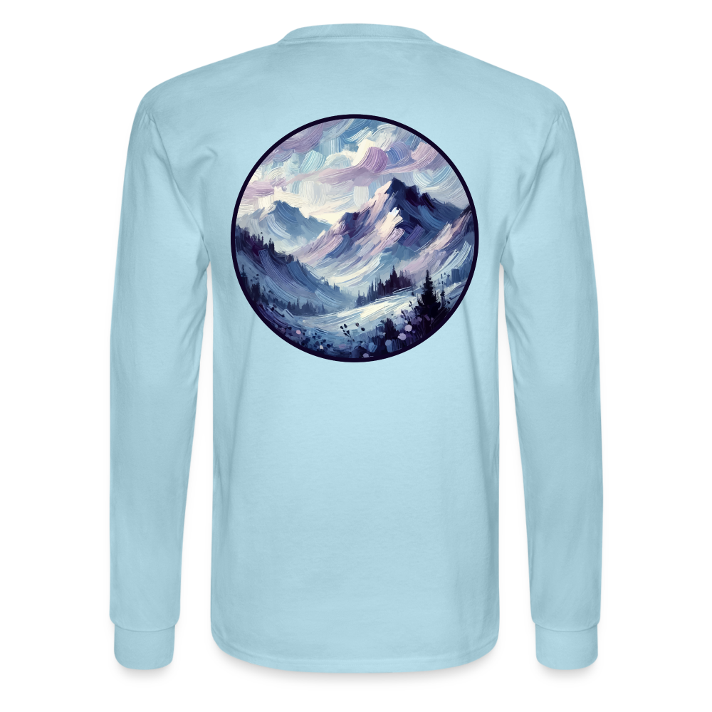 Men's Lavender Blue Mountain Range Graphic Long Sleeve Shirt with Logo - powder blue