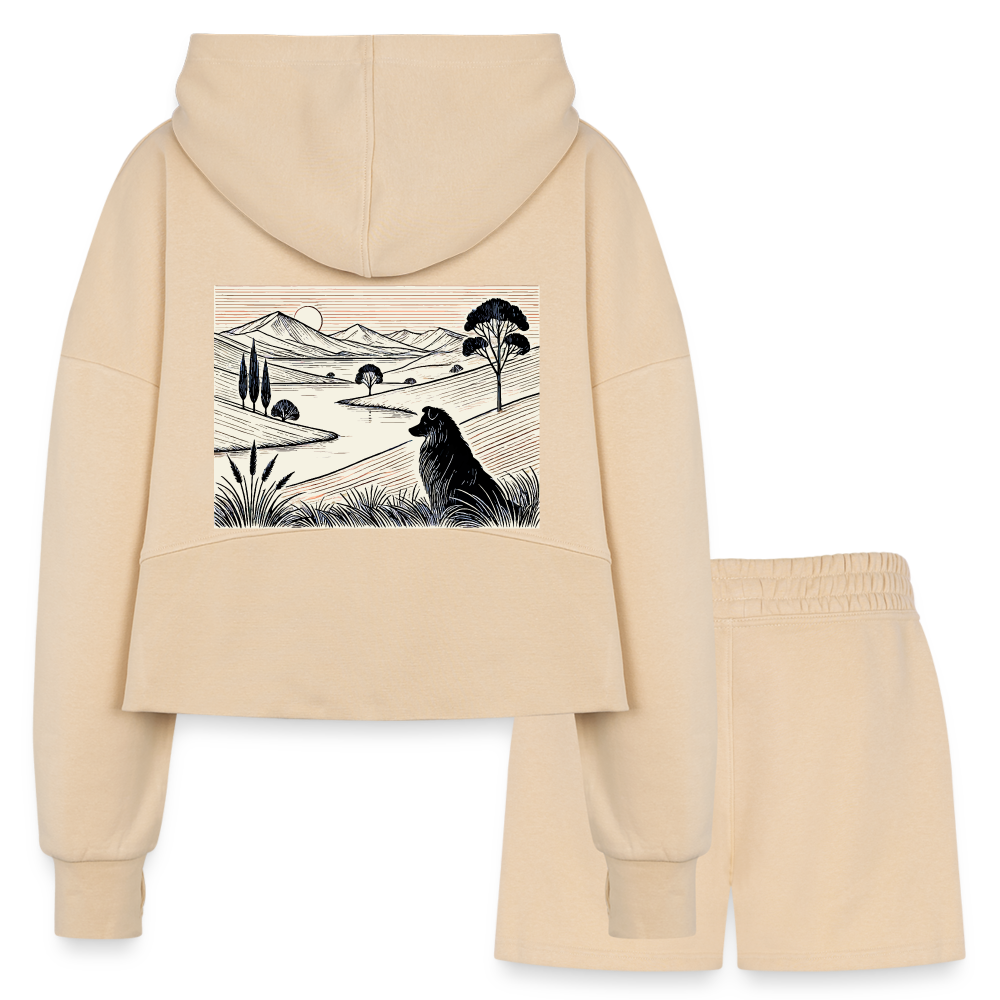 Women’s Australian Shepherd Prairie Graphic Half Zip Cropped Hoodie & Jogger Short Set with Logo - nude