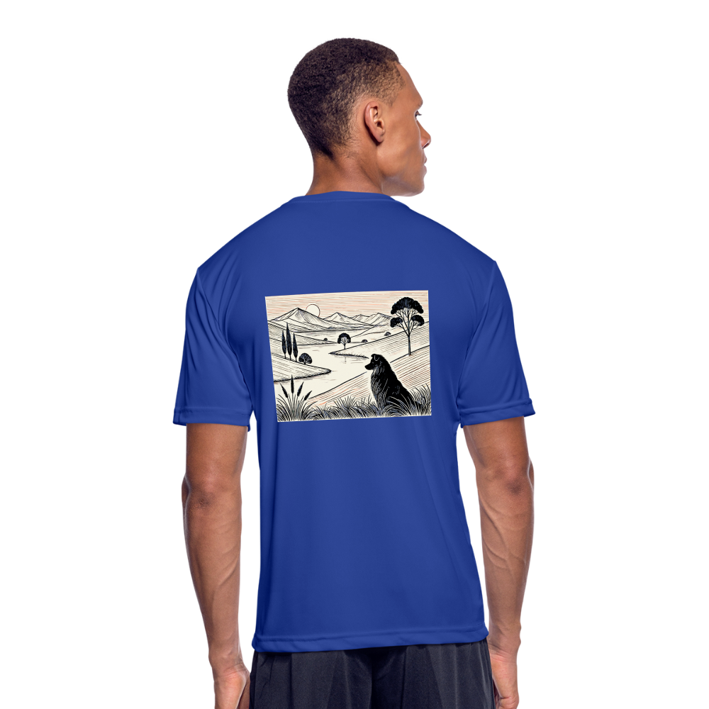 Men’s Australian Shepherd Prairie Graphic Moisture Wicking Performance T-Shirt with Logo - royal blue