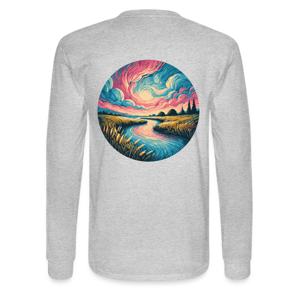 Men's River Pink and Blue Sky Graphic Long Sleeve Shirt with Logo - heather gray