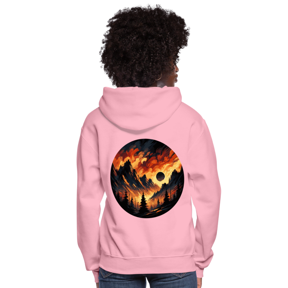 Women's Brushed Orange and Black Mountain Range Graphic Hoodie with Logo - classic pink