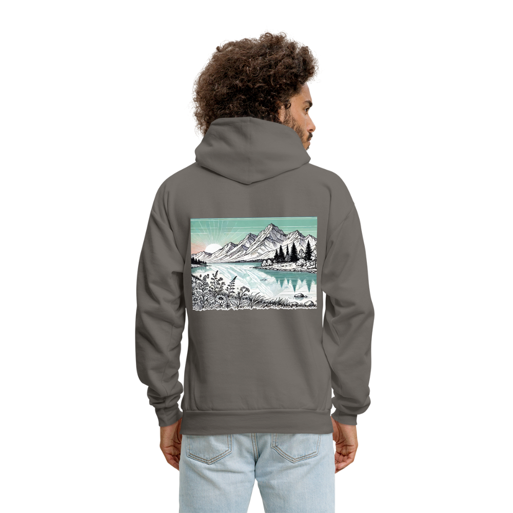 Men's Colored Mountain Lake Landscape Graphic Hoodie with Logo - asphalt gray