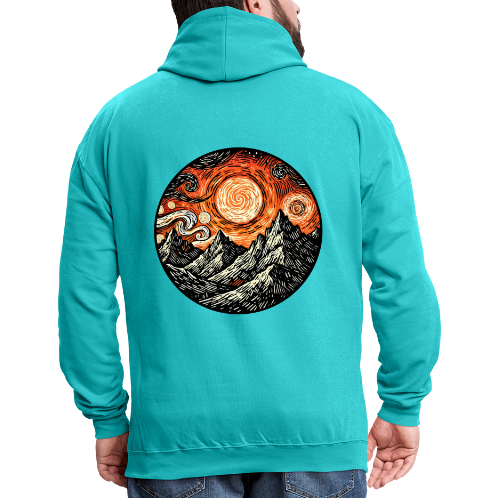 Orange Swirling Mountains Graphic Unisex Contrast Hoodie with Logo - scuba blue/asphalt