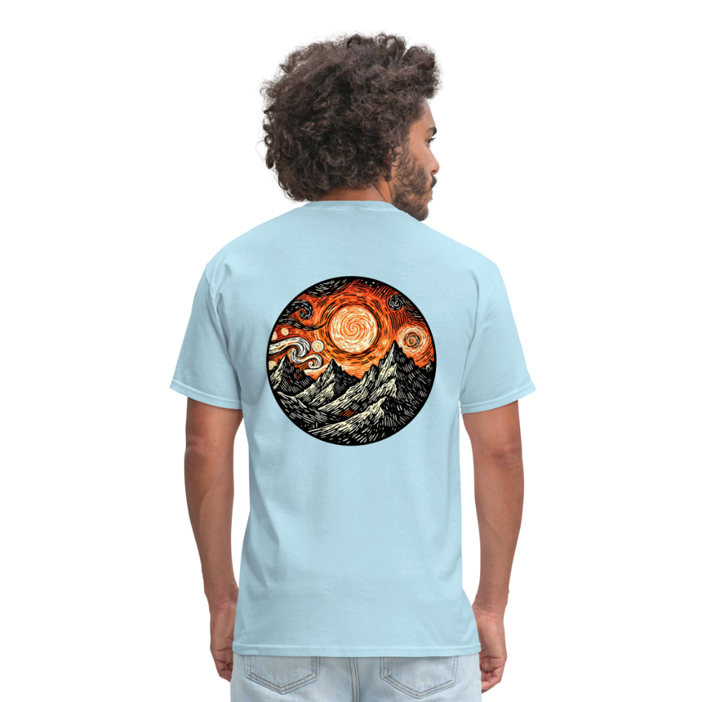 Orange Swirling Mountains Graphic Unisex Classic T-Shirt with Logo - powder blue