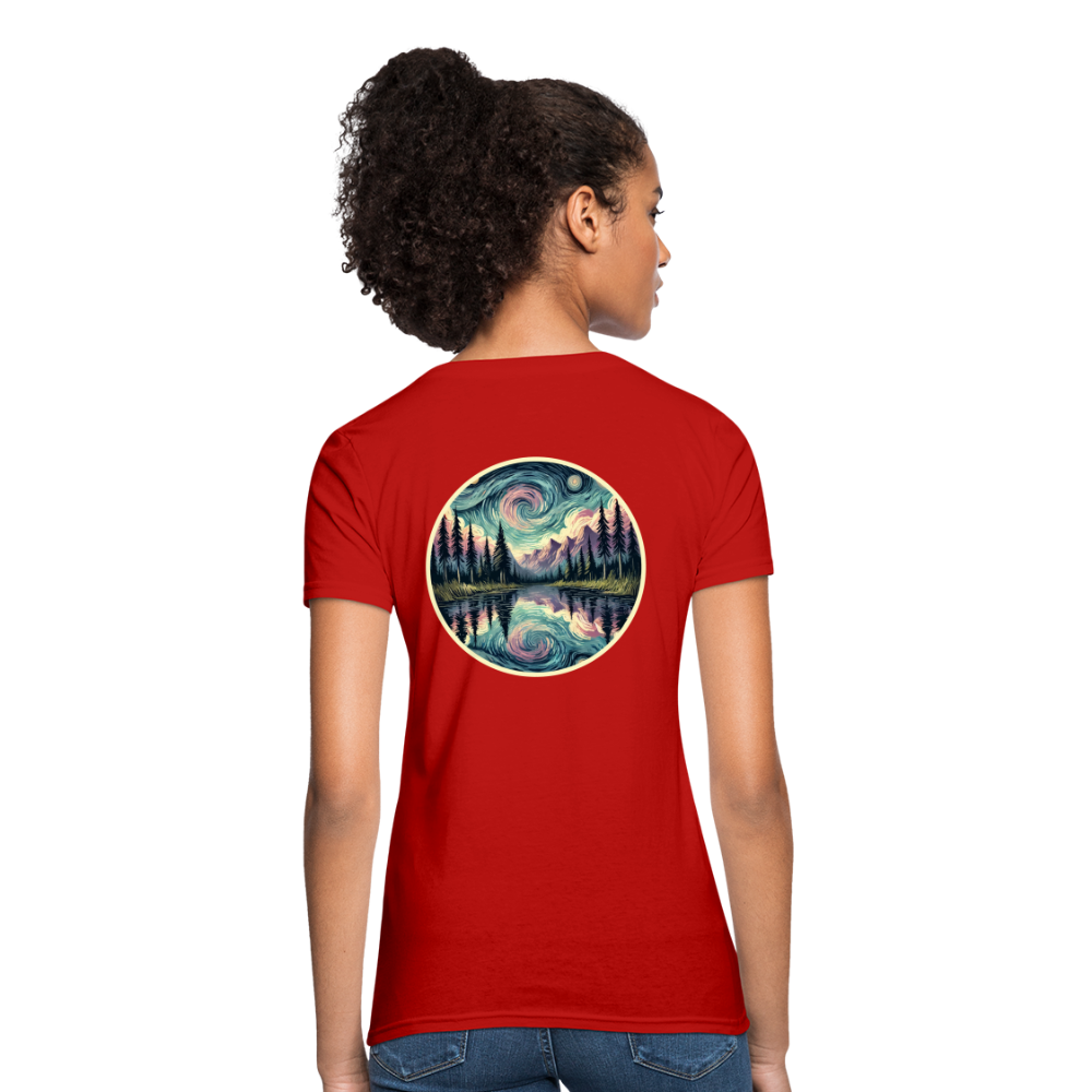 Women's Purple Swirling Sky Reflected on Lake Graphic T-Shirt with Logo - red