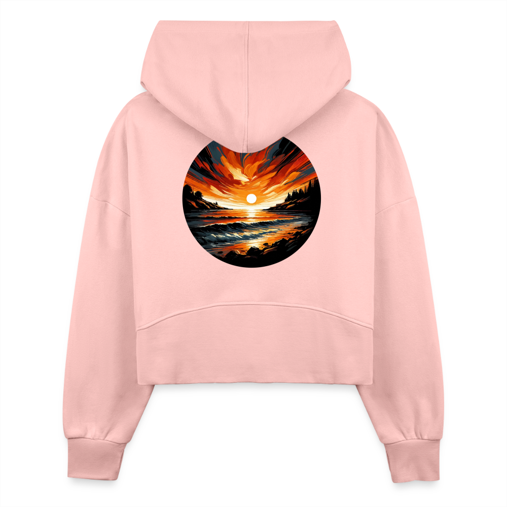 Women's Beach Sunset Graphic Half Zip Cropped Hoodie with Logo - light pink