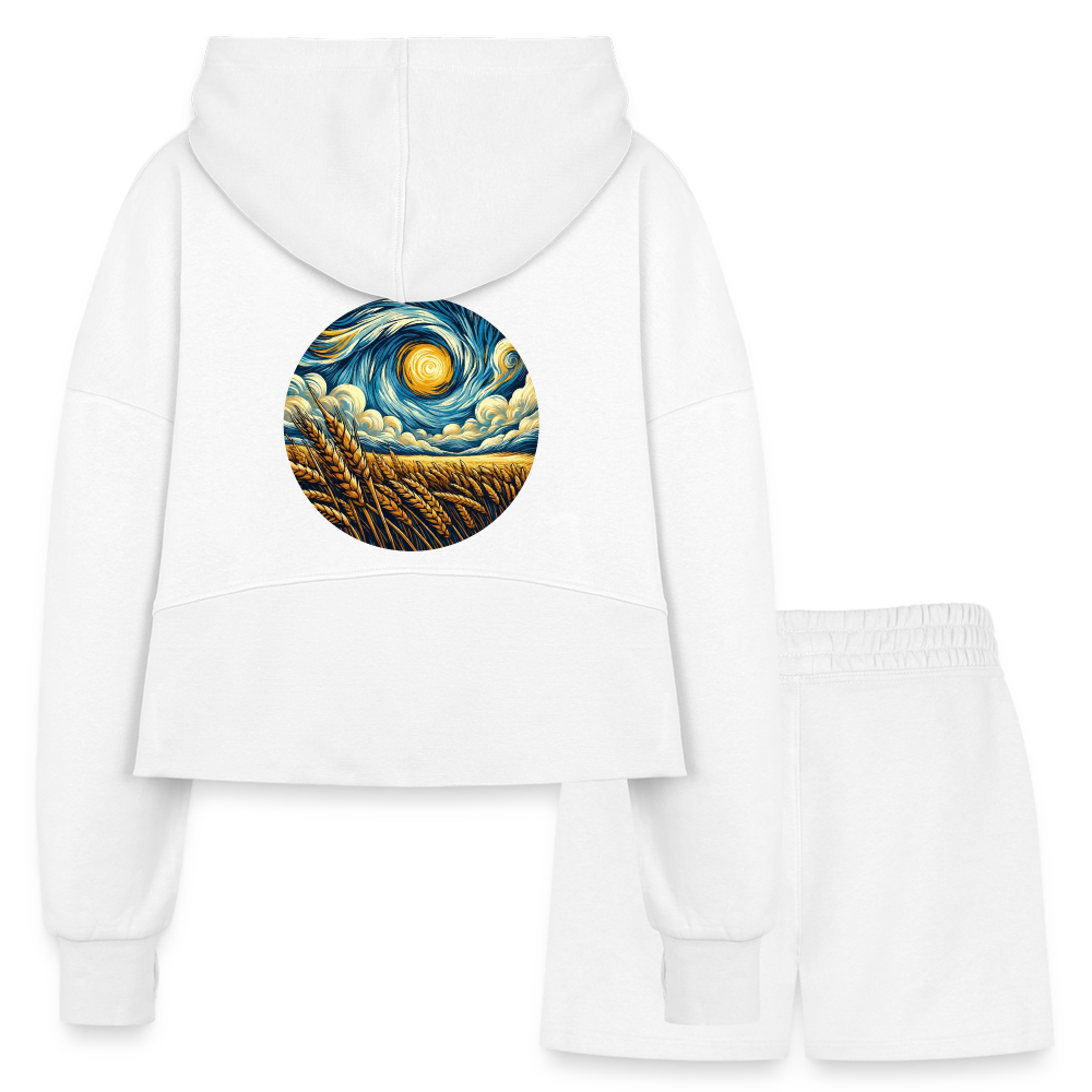 Women’s Wheat Field Graphic Half Zip Cropped Hoodie & Jogger Short Set with Logo - white