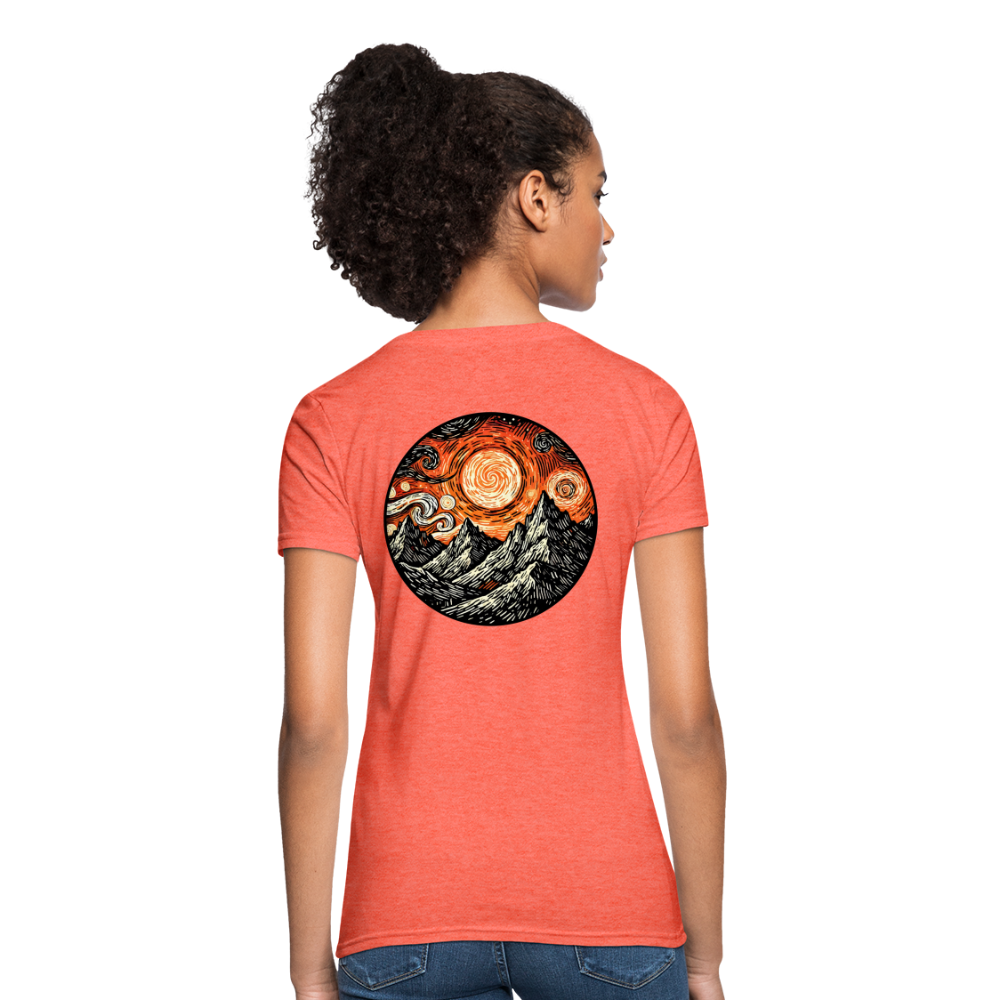 Women's Orange Swirling Mountains Graphic T-Shirt with Logo - heather coral