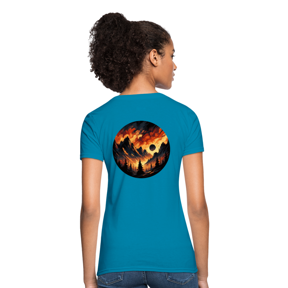 Women's Brushed Orange and Black Mountain Range T-Shirt with Logo - turquoise