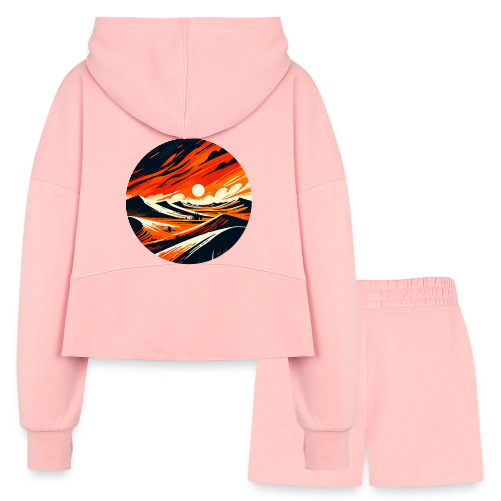 Women’s Desert Dunes Graphic Half Zip Cropped Hoodie & Jogger Short Set with Logo - light pink