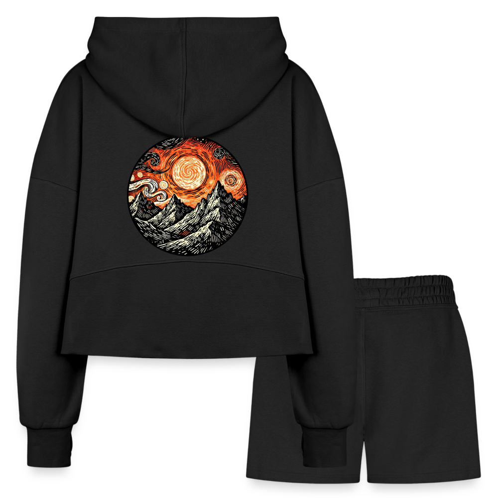 Women’s Orange Swirling Mountains Graphic Half Zip Cropped Hoodie & Jogger Short Set with Logo - black