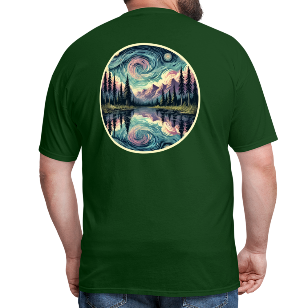 Purple Swirling Sky Reflected on Lake Graphic Unisex Classic T-Shirt with Logo - forest green