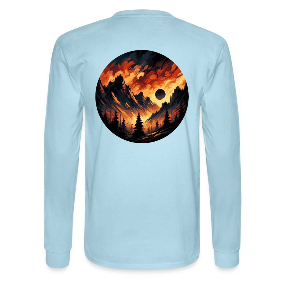 Men's Brushed Orange and Black Mountain Range Graphic Long Sleeve Shirt with Logo - powder blue