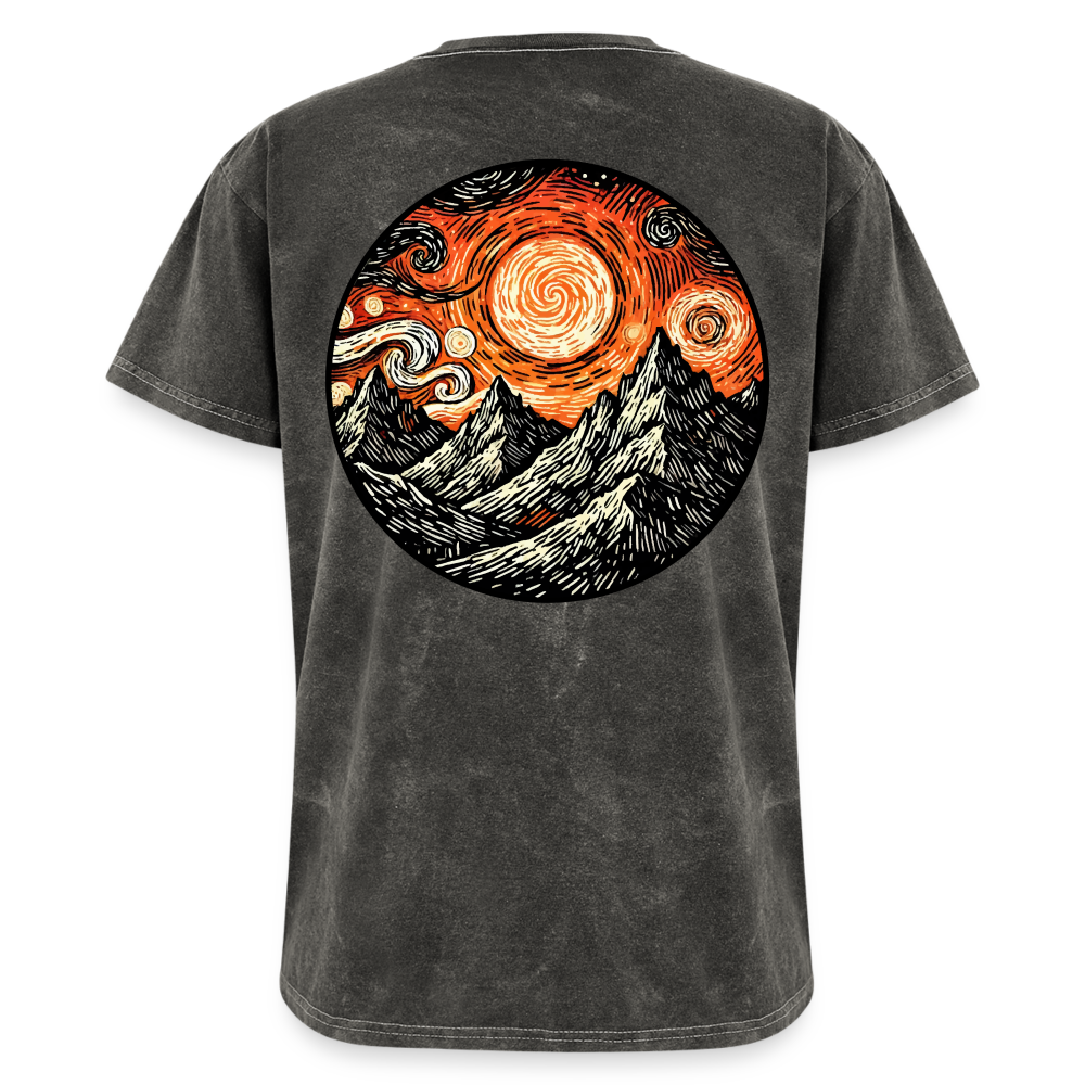 Orange Swirling Mountains Graphic Unisex Mineral Wash T-shirt with Logo - mineral charcoal gray