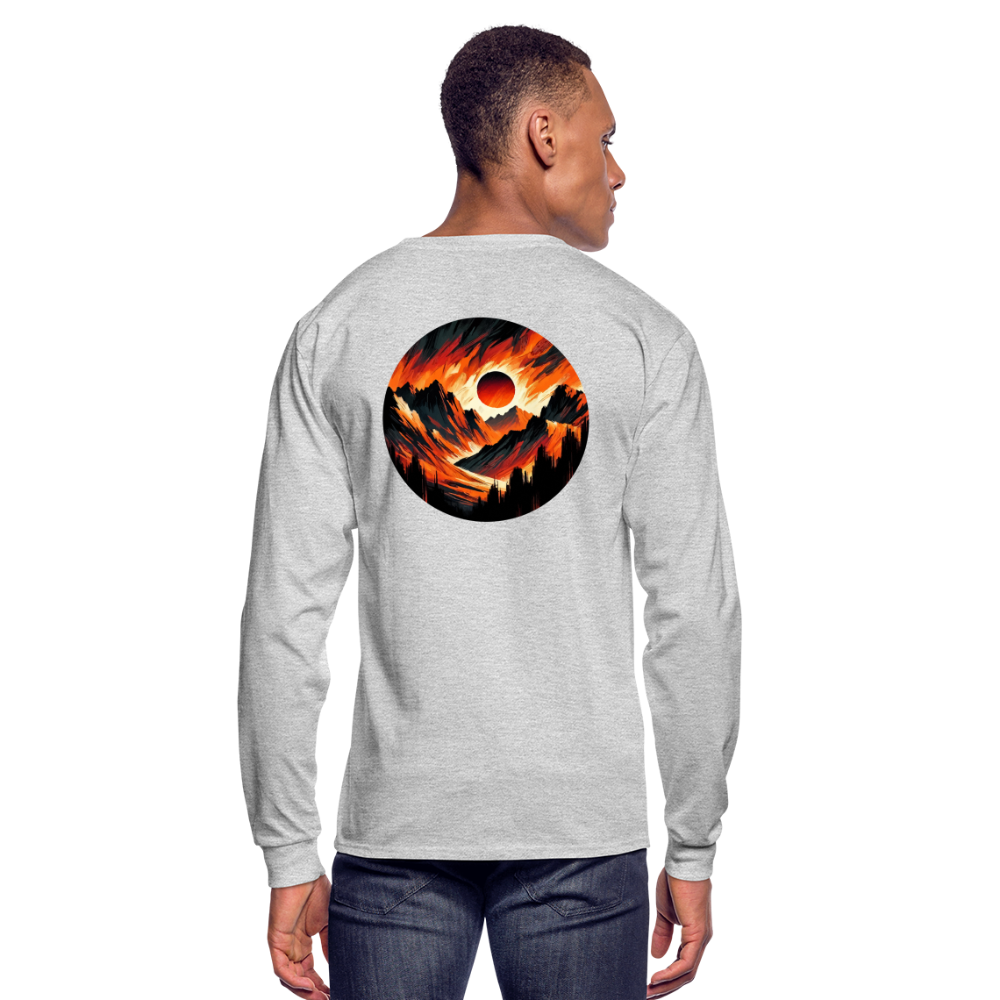 Men's Orange and Black Mountain Range Graphic Long Sleeve Shirt with Logo - heather gray