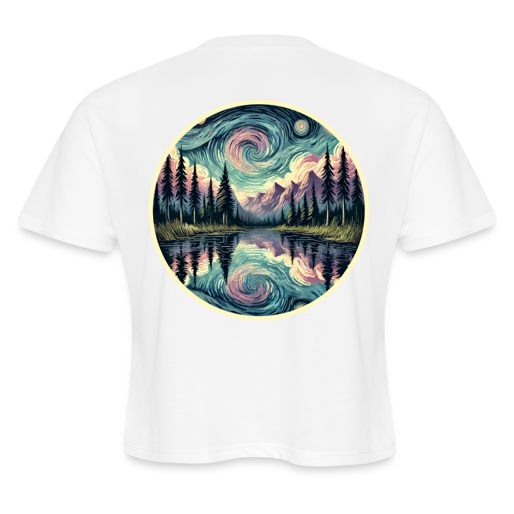 Women's Purple Swirling Sky Reflected on Lake Graphic Cropped T-Shirt with Logo - white