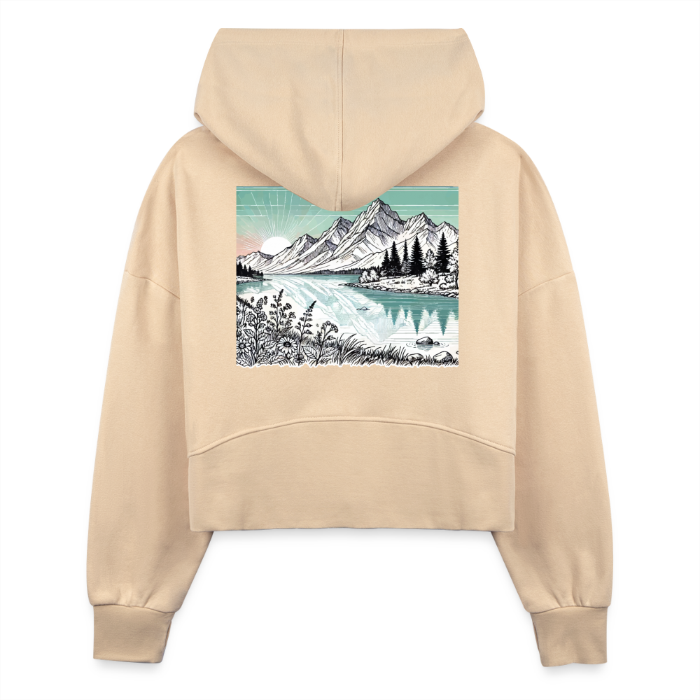 Women's Colored Mountain Lake Landscape Graphic Half Zip Cropped Hoodie with Logo - nude