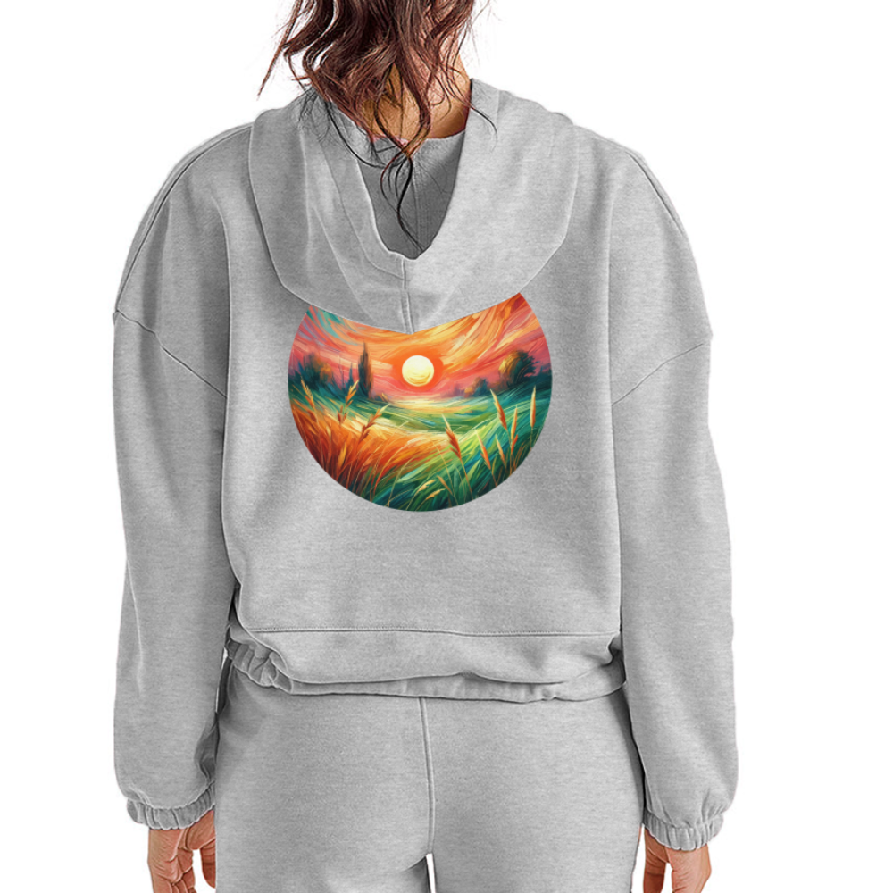 Women’s Pink Wheat Field Graphic Cropped Hoodie with Logo - heather gray