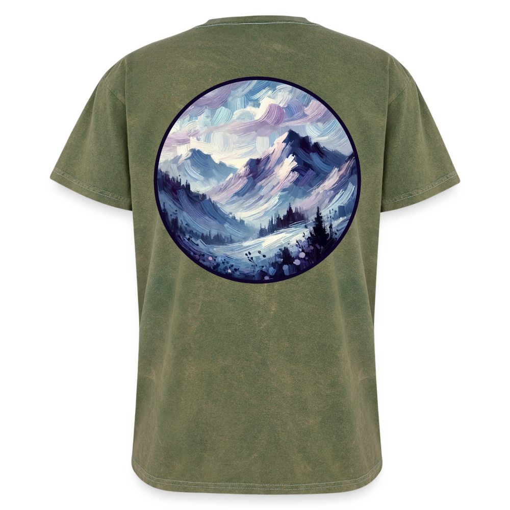 Lavender Blue Mountain Range Graphic Unisex Mineral Wash T-shirt with Logo - mineral green