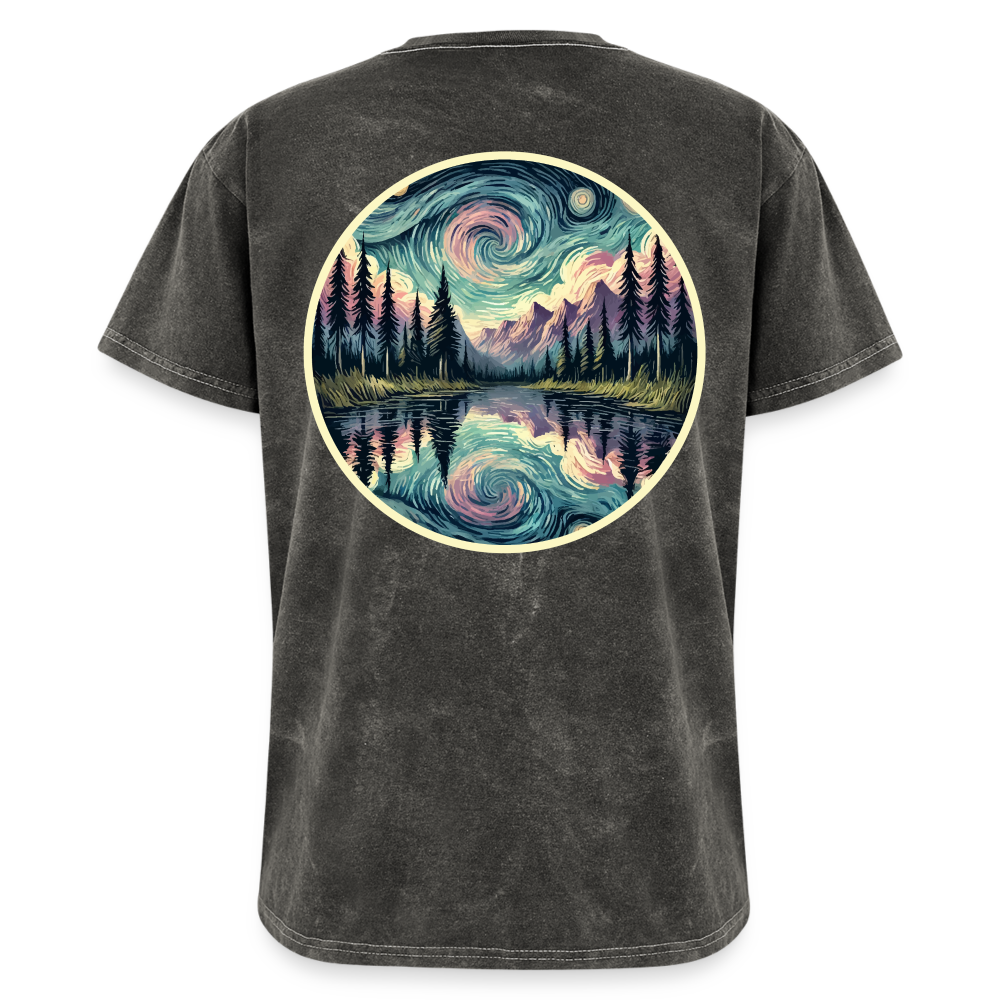 Purple Swirling Sky Reflected on Lake Graphic Unisex Mineral Wash T-shirt with Logo - mineral charcoal gray