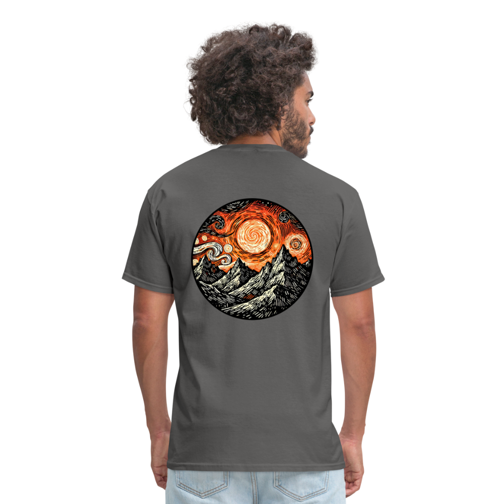 Orange Swirling Mountains Graphic Unisex Classic T-Shirt with Logo - charcoal