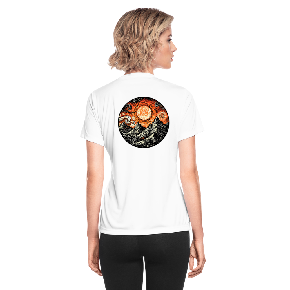 Women's Orange Swirling Mountains Graphic Moisture Wicking Performance T-Shirt with Logo - white