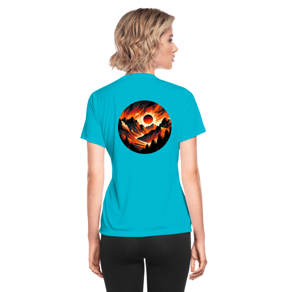 Women's Orange and Black Mountain Range Graphic Moisture Wicking Performance T-Shirt with Logo - turquoise