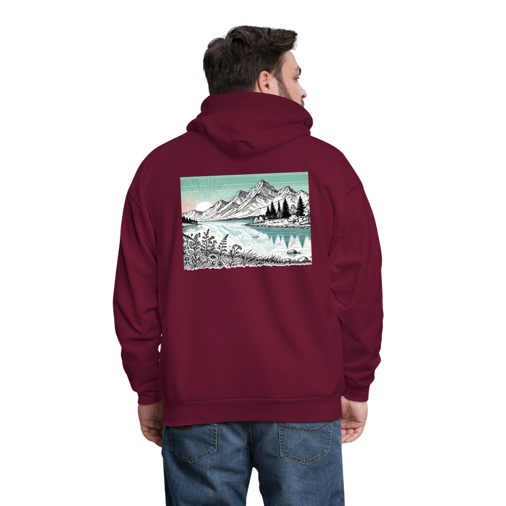 Men's Colored Mountain Lake Landscape Graphic Hoodie with Logo - burgundy