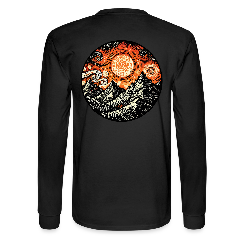 Men's Orange Swirling Mountains Graphic Long Sleeve Shirt with Logo - black