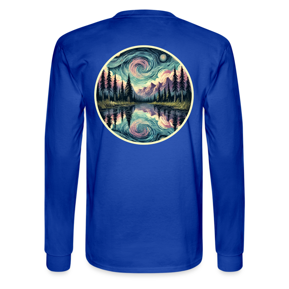 Men's Purple Swirling Sky Reflected on Lake Graphic Long Sleeve Shirt with Logo - royal blue