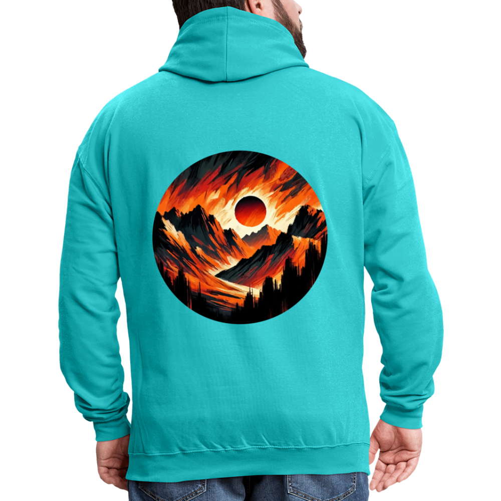 Orange and Black Mountain Range Graphic Unisex Contrast Hoodie with Logo - scuba blue/asphalt