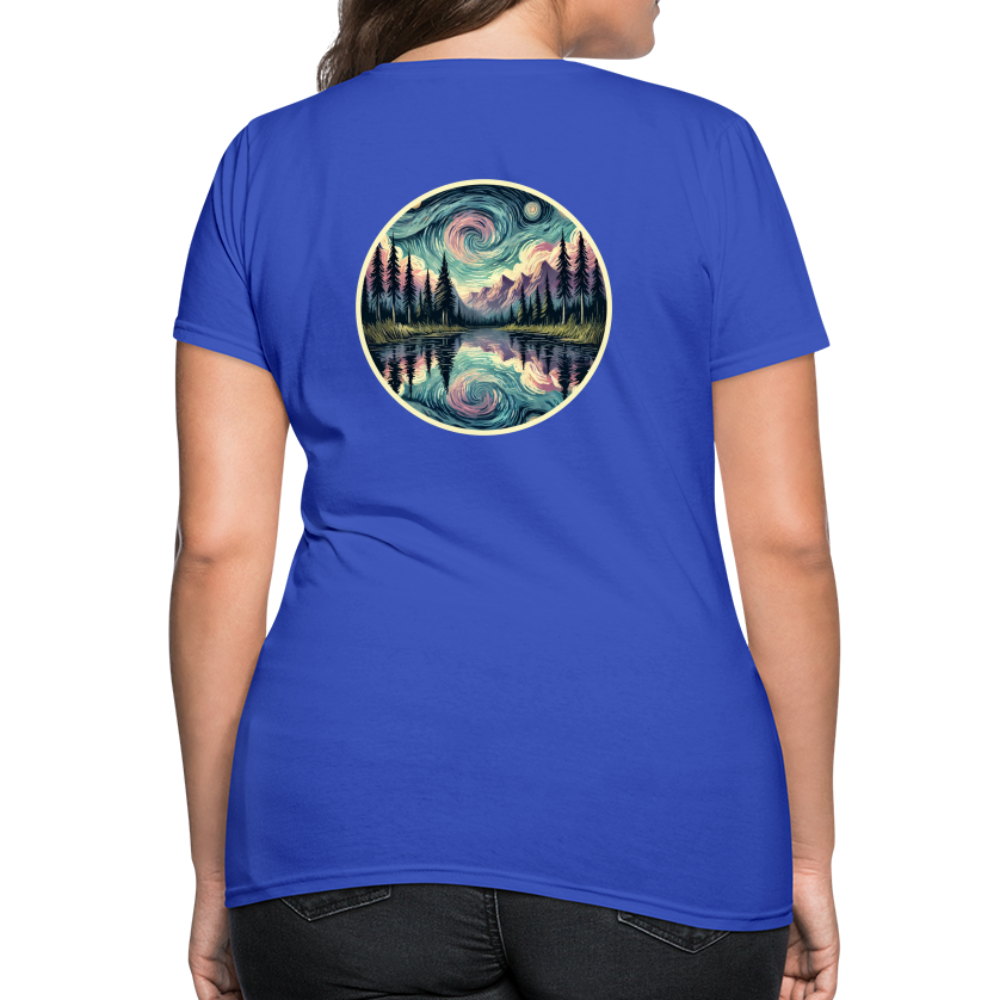 Women's Purple Swirling Sky Reflected on Lake Graphic T-Shirt with Logo - royal blue