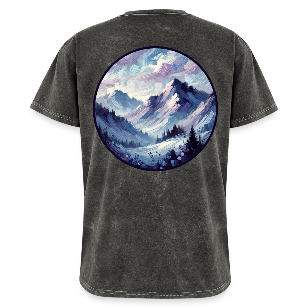 Lavender Blue Mountain Range Graphic Unisex Mineral Wash T-shirt with Logo - mineral charcoal gray